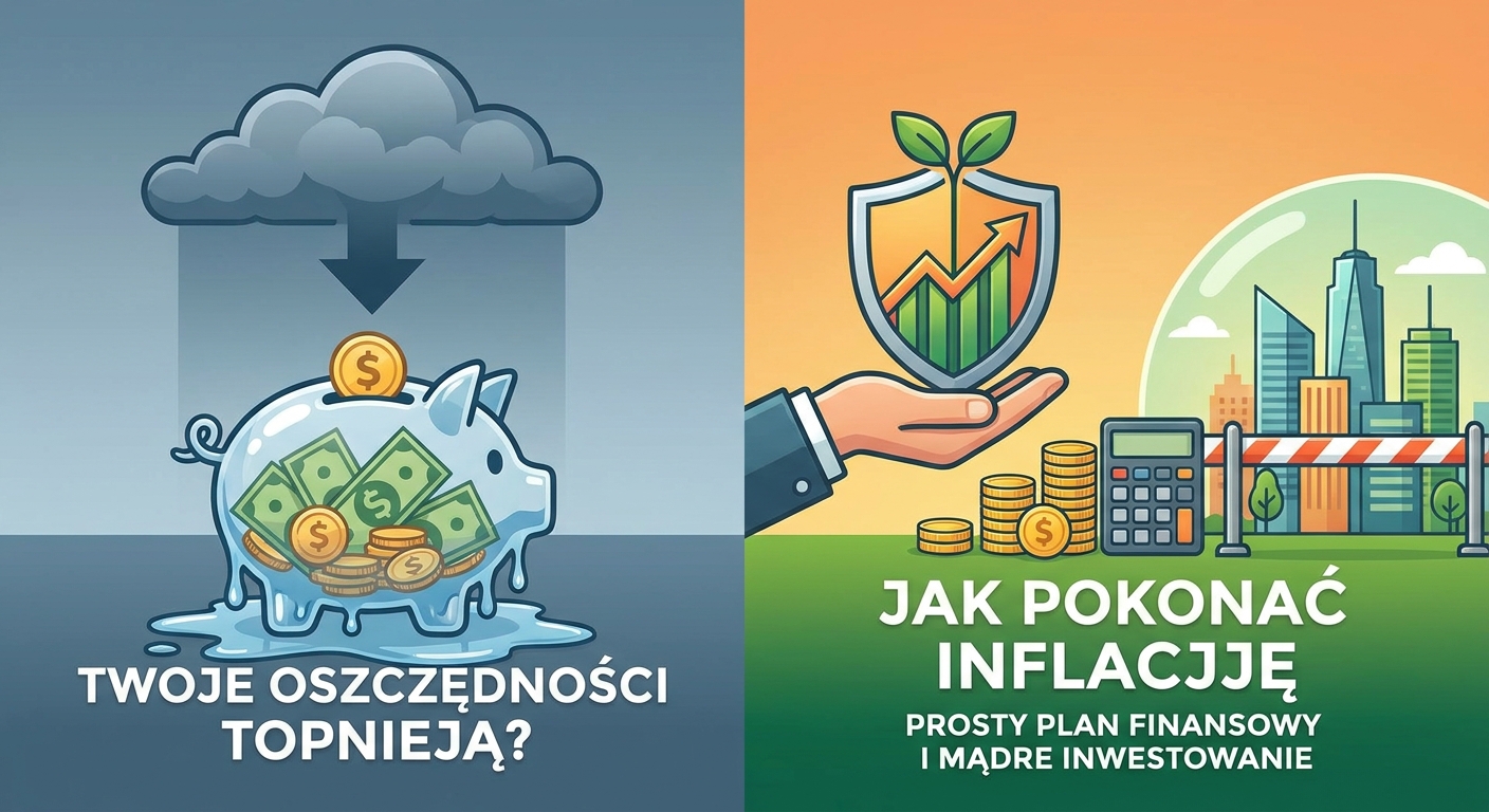 Wykres pokazujący spadek siły nabywczej pieniądza z powodu inflacji, obok rosnący wykres inwestycji
