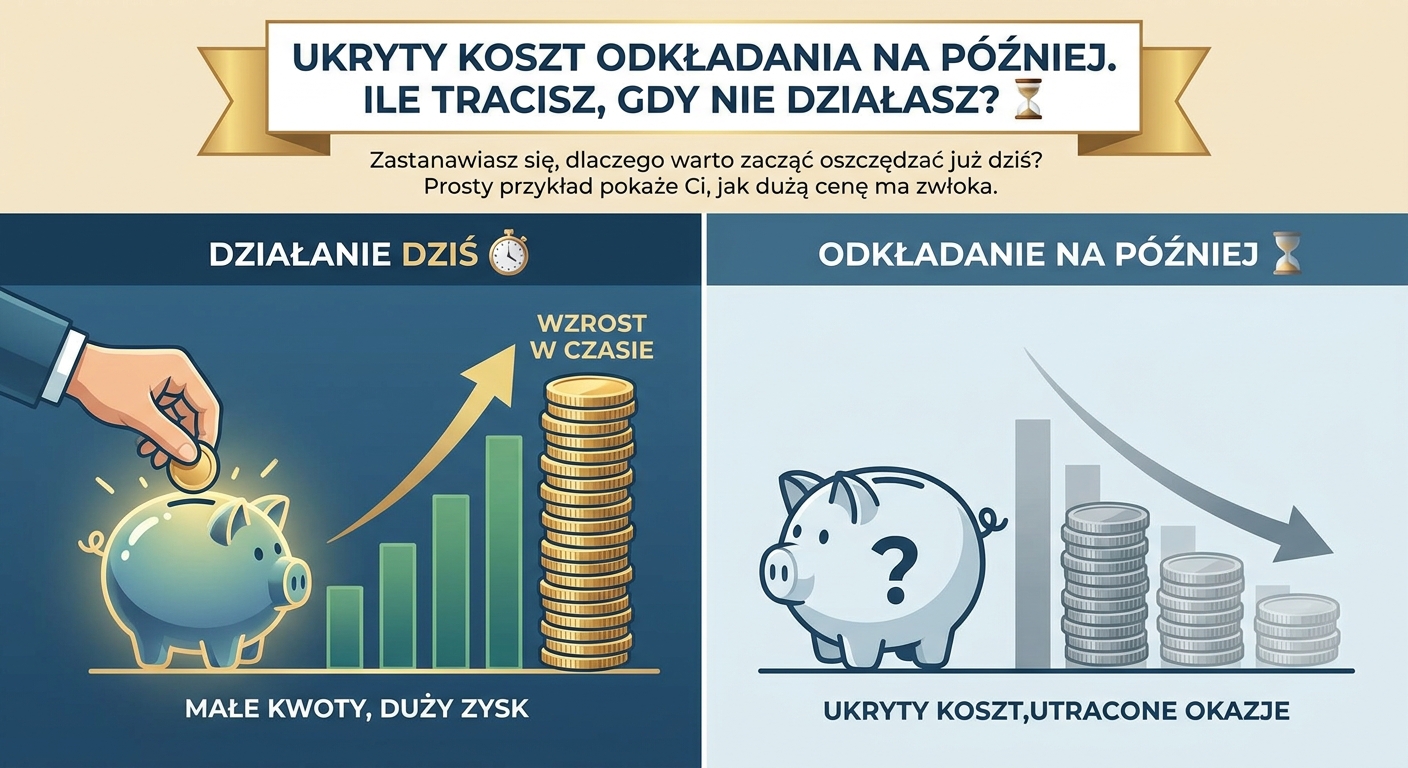 Dwie skarbonki, jedna prawie pełna i druga prawie pusta, symbolizujące różnicę w oszczędzaniu w czasie.
