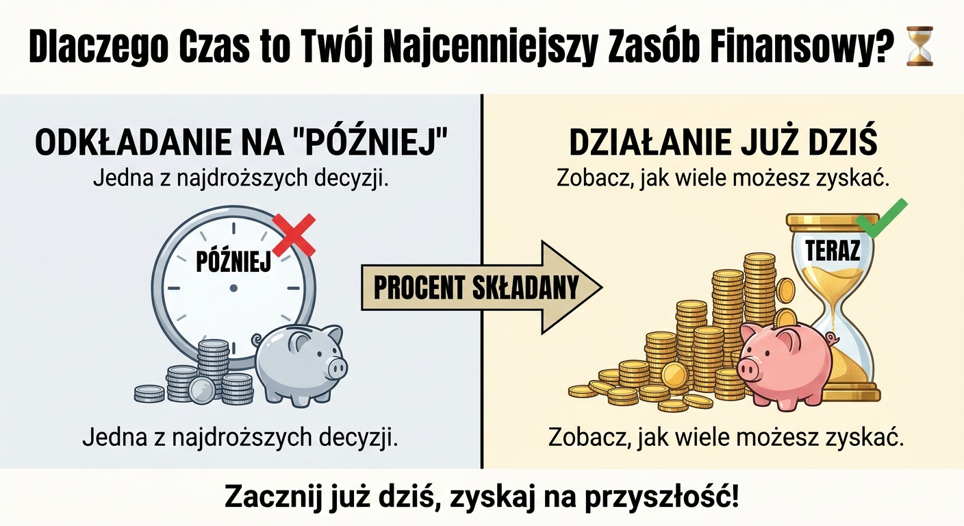 Dwie klepsydry, jedna prawie pusta, druga pełna, symbolizujące upływający czas na podjęcie decyzji finansowych.