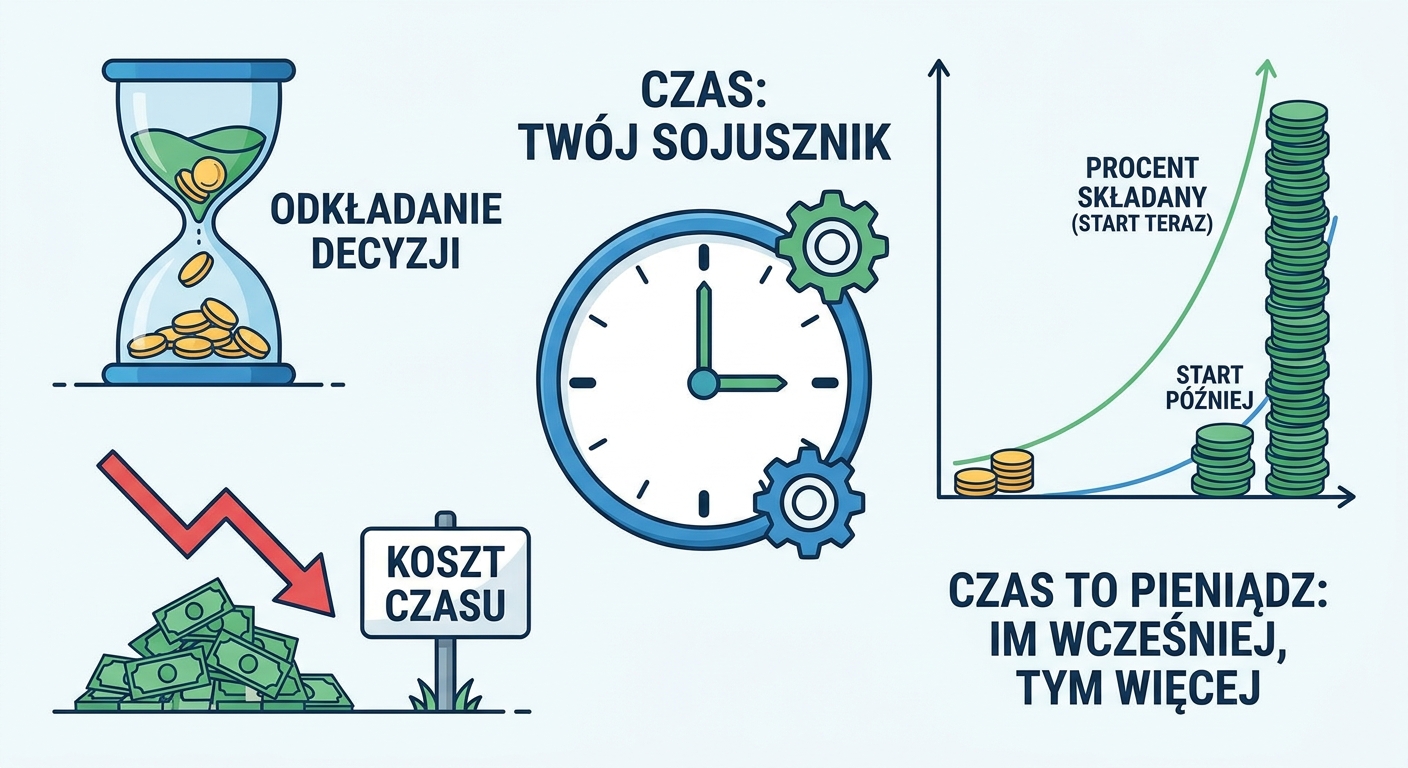 Dwie linie czasu pokazujące wzrost kapitału w czasie, jedna zaczyna wcześniej i kończy wyżej, druga zaczyna później i kończy niżej.