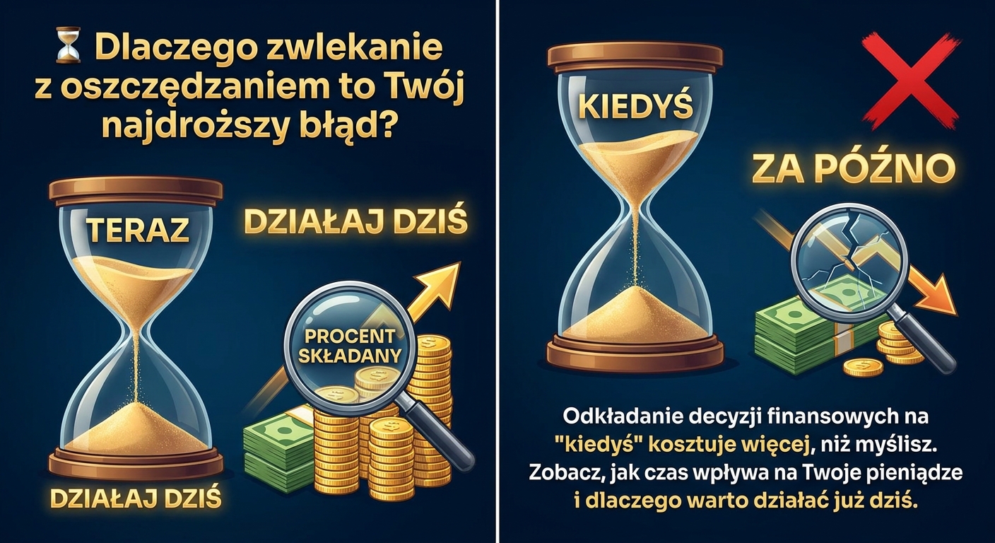 Dwie linie czasu pokazujące wzrost oszczędności - jedna zaczyna wcześniej i osiąga wyższy pułap, druga zaczyna później i kończy niżej.