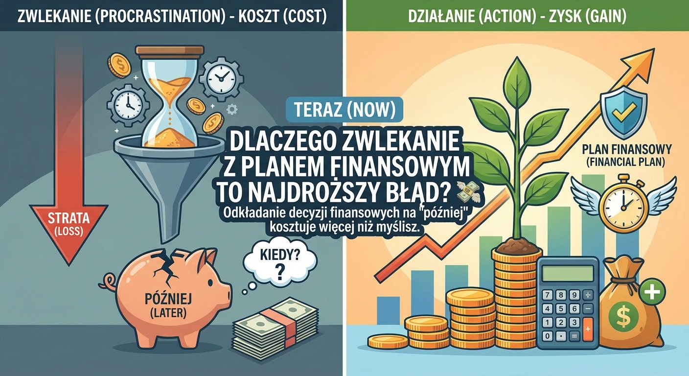 Klepsydra, w której zamiast piasku przesypują się złote monety, symbolizująca wartość czasu w finansach.