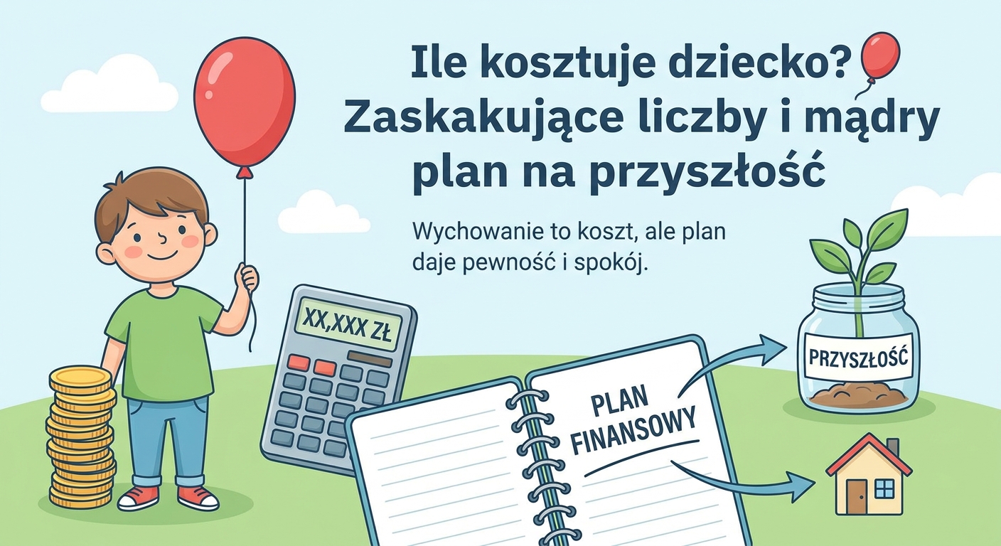 Rodzice z małym dzieckiem patrzą na rosnący wykres finansowy na tablecie, symbolizujący planowanie przyszłości.