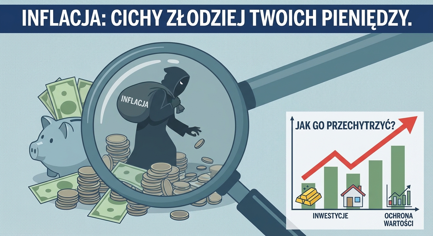 Wykres pokazujący spadek siły nabywczej pieniądza z powodu inflacji, z monetami w tle.