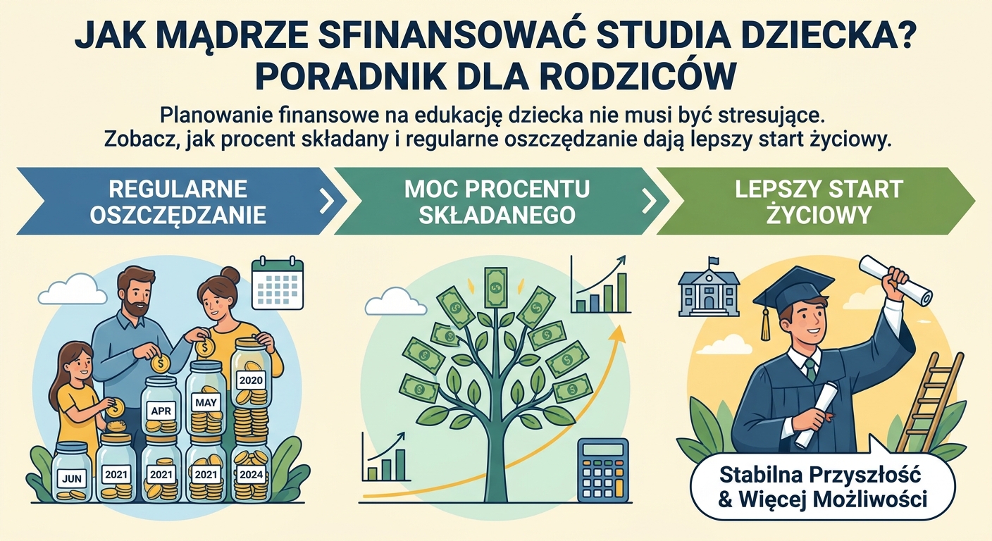 Biret absolwenta i dyplom na stosie książek z skarbonką, symbolizujące planowanie finansowe na edukację dziecka
