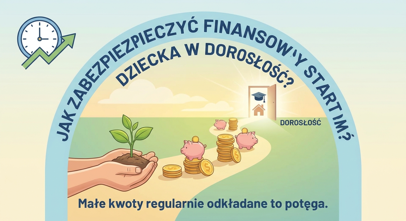 Rodzice z małym dzieckiem patrzą na rosnący wykres symbolizujący oszczędności na przyszłość