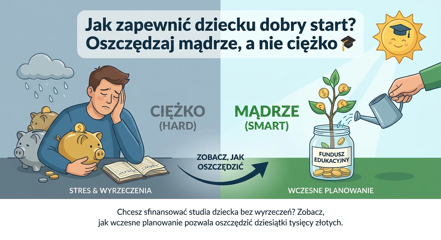 Symboliczna skarbonka w kształcie czapki absolwenta, obok niej rosnący stos monet symbolizujący wzrost oszczędności.