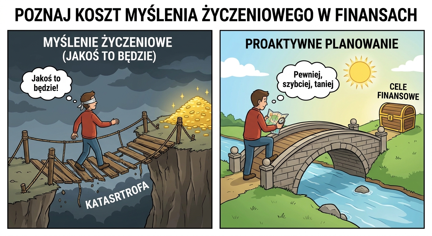 Rozdroże z dwoma znakami: jeden wskazujący na chaos i 'jakoś to będzie', drugi na uporządkowany plan finansowy.