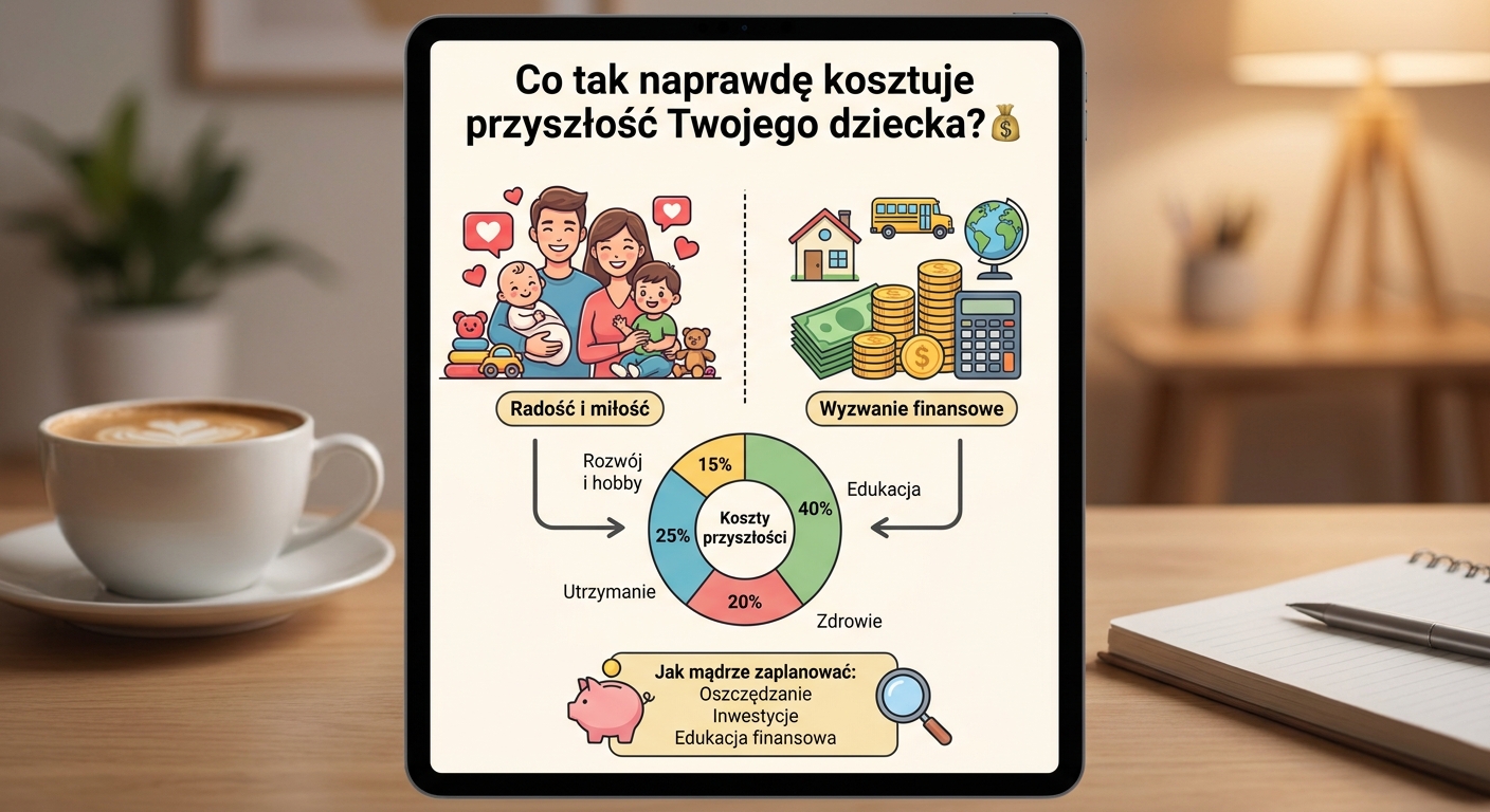 Rodzice z małym dzieckiem patrzą na rosnący wykres finansowy na tablecie, symbolizujący planowanie przyszłości.