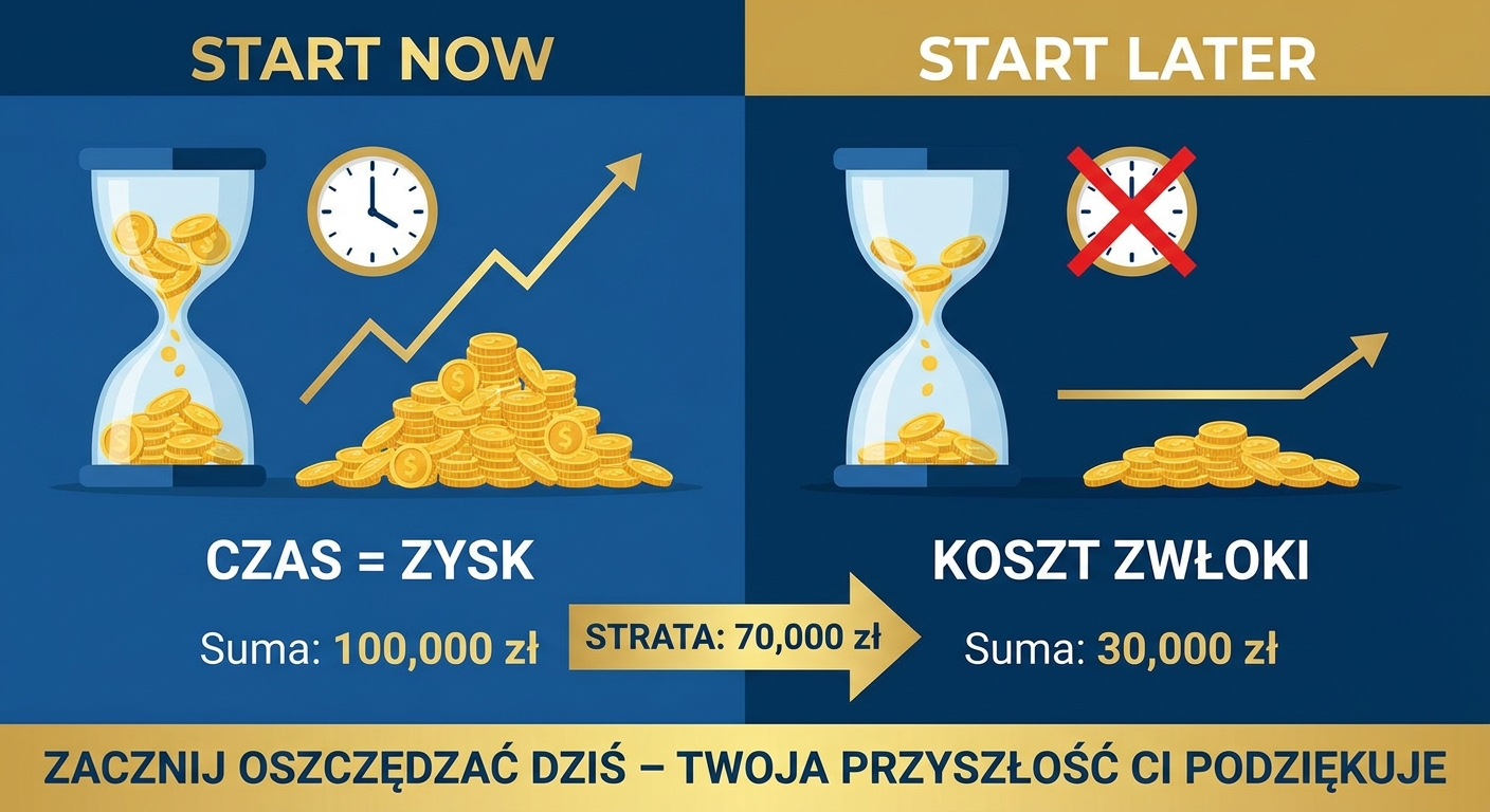 Dwie identyczne szklane skarbonki, jedna w połowie pełna monet, druga prawie pełna, symbolizujące efekt procentu składanego w czasie.