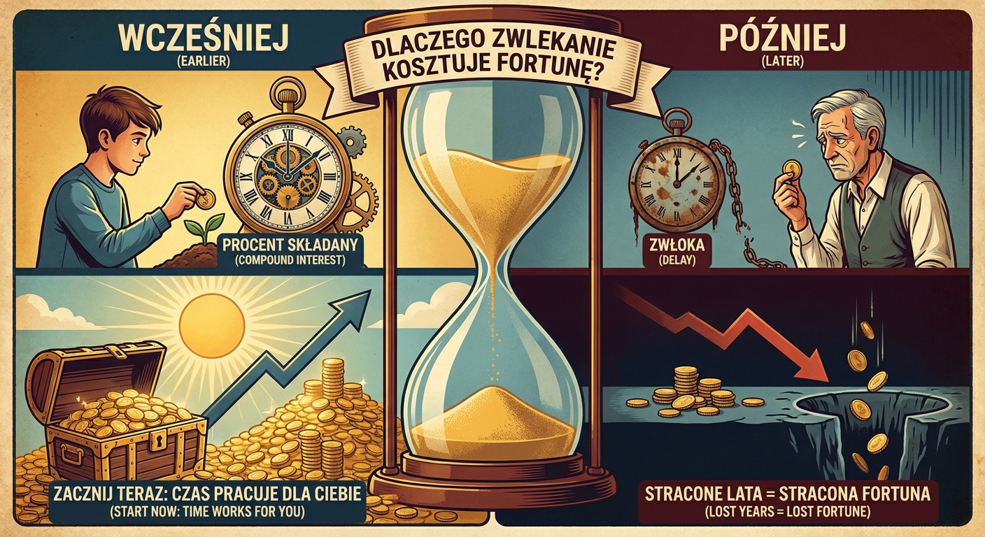 Dwie klepsydry, jedna prawie pusta, druga pełna, symbolizujące upływający czas na oszczędzanie.