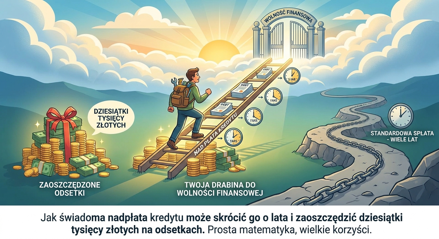 Wykres pokazujący korzyści z nadpłaty kredytu hipotecznego - skrócony okres kredytowania i mniejsze odsetki
