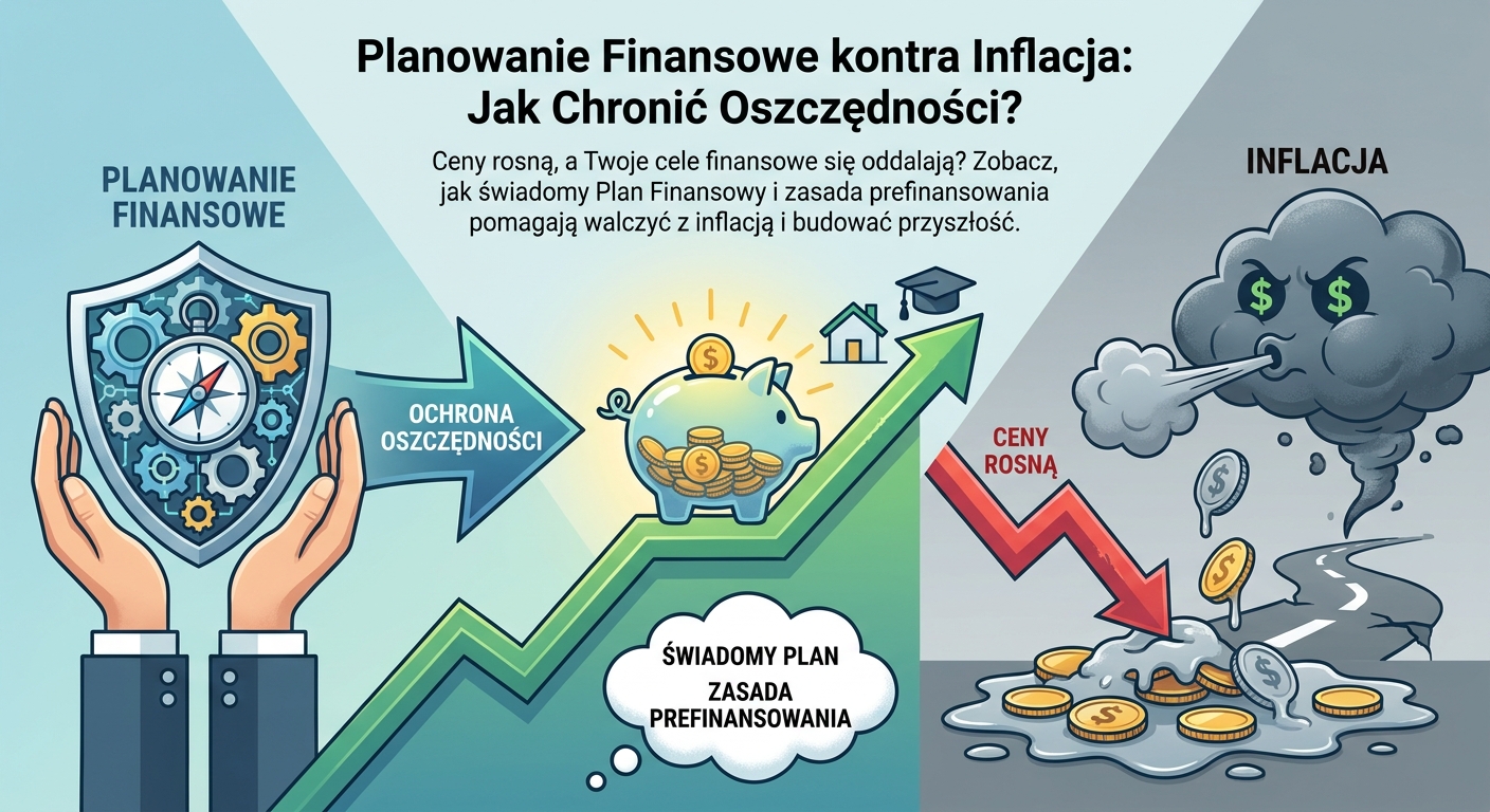 Wykres pokazujący wzrost oszczędności dzięki planowaniu finansowemu w kontraście do spadku wartości pieniądza przez inflację.