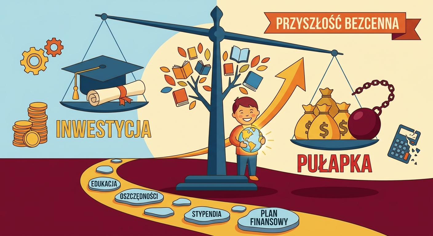 Absolwent rzucający biretem w powietrze z symboliczną ścieżką wzrostu finansowego w tle.