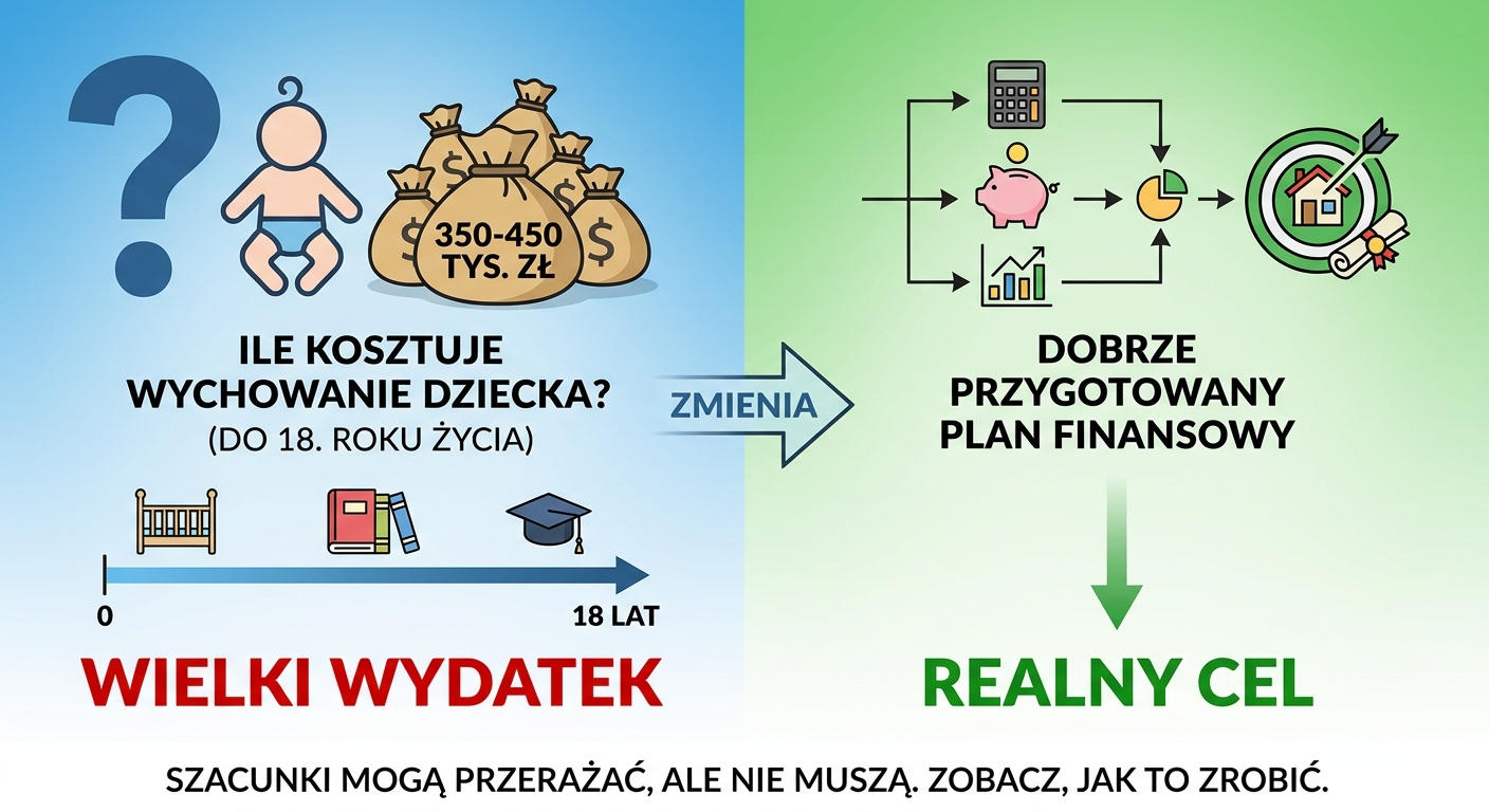 Skarbonka w kształcie świnki obok dziecięcych bucików i kalkulatora, symbol planowania kosztów wychowania dziecka.
