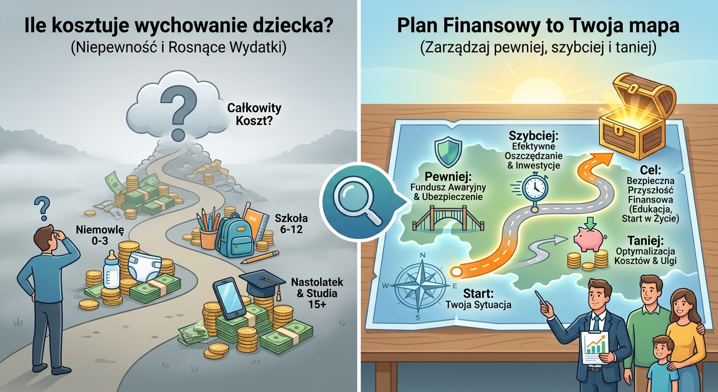 Rodzice z małym dzieckiem patrzą na tablet z wykresem planu finansowego