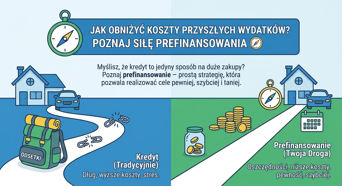 Kompas wskazujący na monetę z symbolem wzrostu, symbolizujący planowanie finansowe i prefinansowanie.