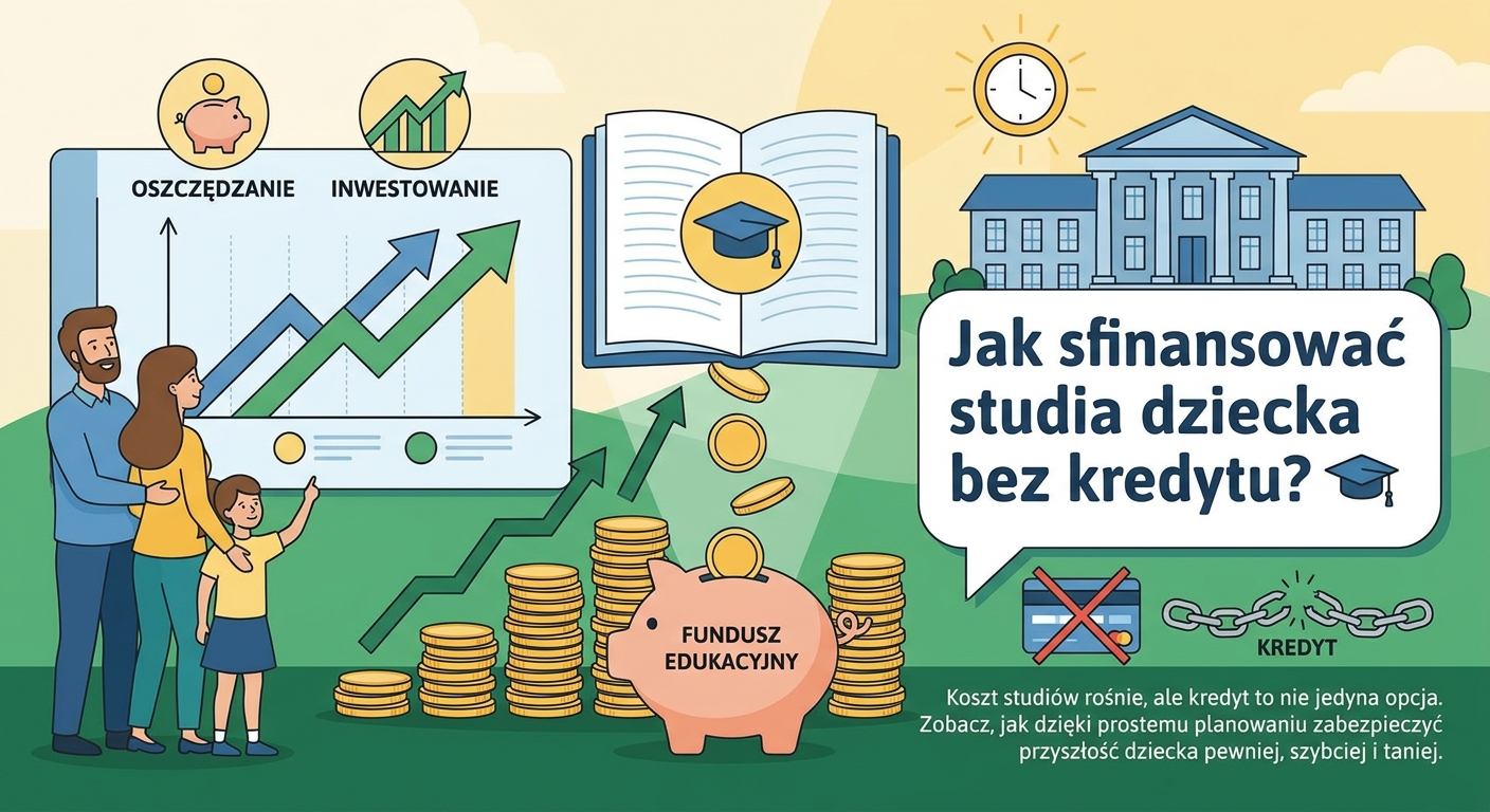 Absolwent w todze rzucający biret w powietrze, w tle monety i wykres wzrostu symbolizujące oszczędności na edukację.