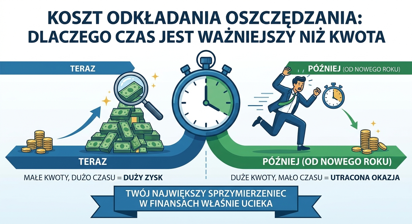 Klepsydra przesypująca monety, symbolizująca uciekający czas na oszczędzanie