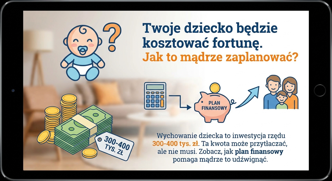 Rodzice z małym dzieckiem patrzący na symboliczną skarbonkę w kształcie dyplomu ukończenia studiów
