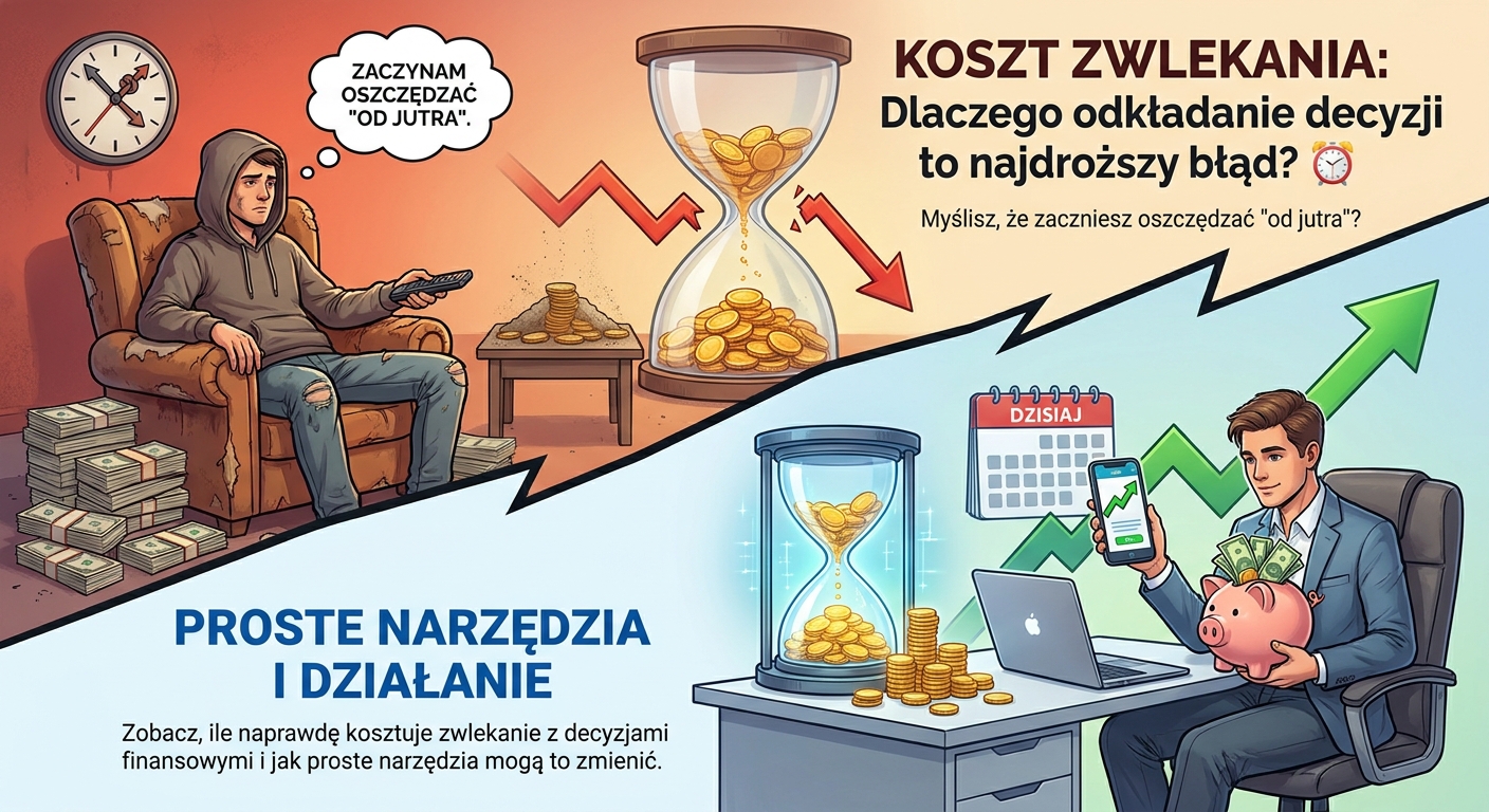 Klepsydra, w której zamiast piasku przesypują się monety, symbolizująca koszt zwlekania w finansach.