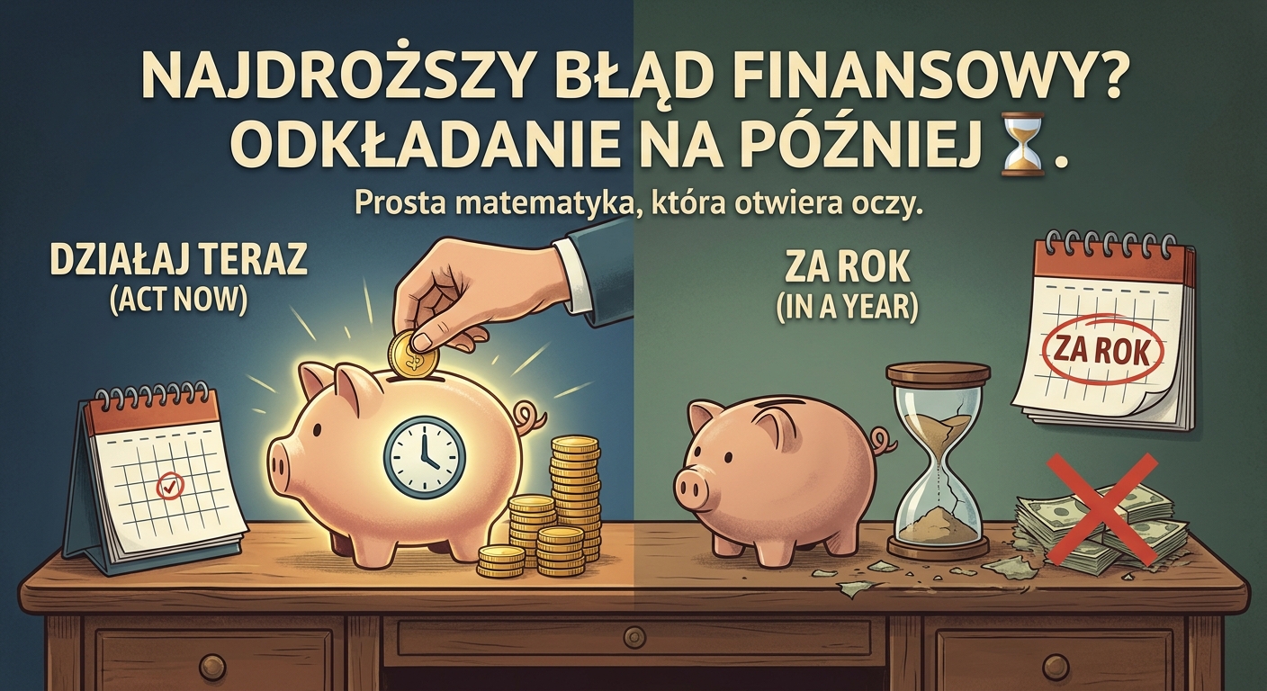 Dwie klepsydry, jedna prawie pusta ze złotymi monetami, druga pełna, symbolizujące upływający czas na podjęcie decyzji finansowych