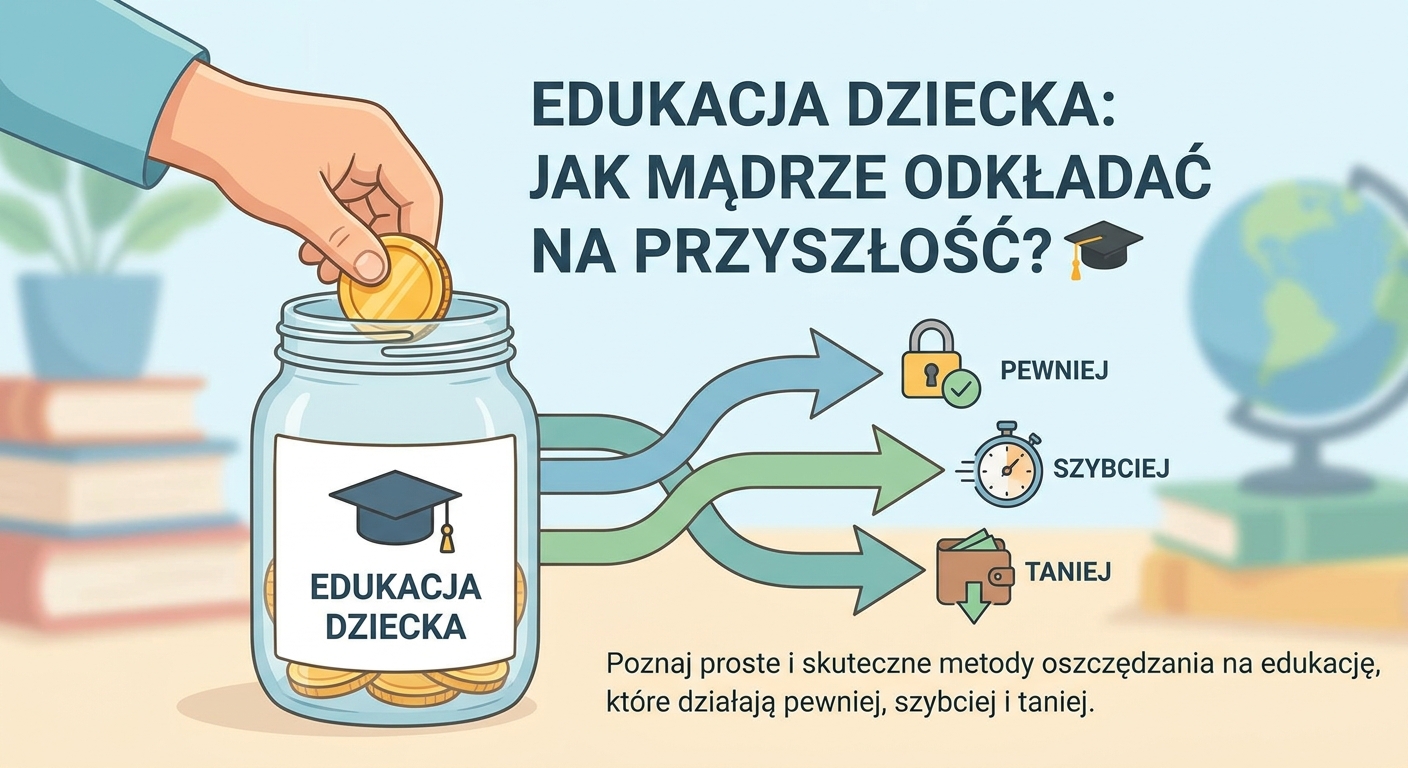 Szczęśliwe dziecko bawiące się klockami, symbolizującymi budowanie bezpiecznej przyszłości dzięki oszczędnościom rodziców.