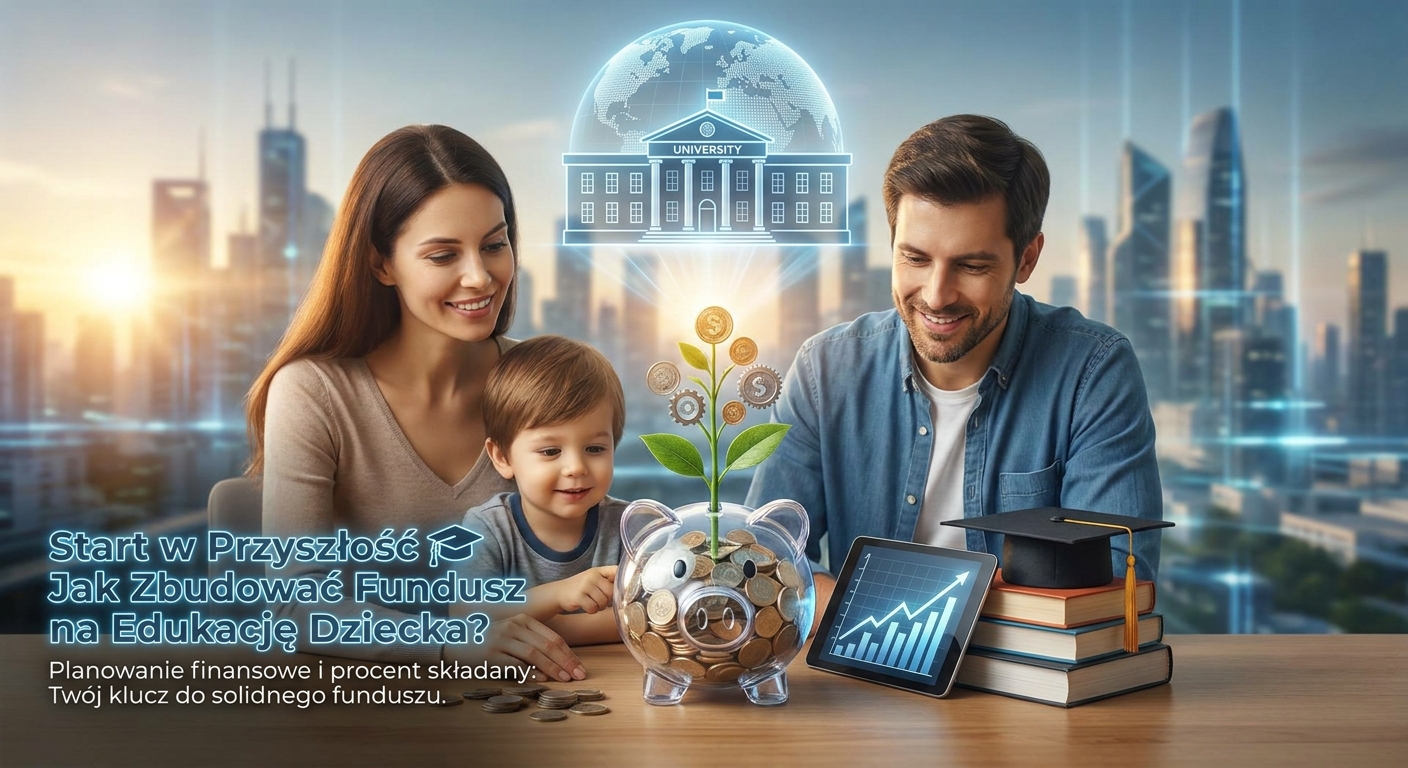 Absolwent w todze rzuca biretem w powietrze na tle uniwersytetu, symbolizując pomyślne ukończenie studiów dzięki planowaniu finansowemu.